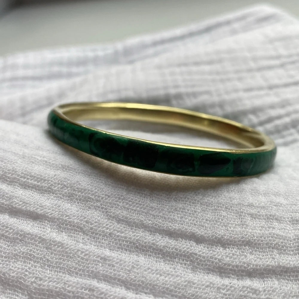Malachite Brass Bangle Green Vintage Gold‎ Bracelet - Picture 6 of 17